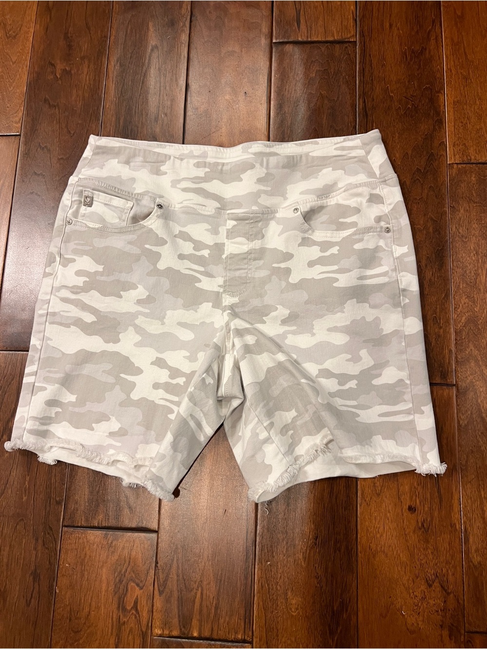 Belle by Kim Gravel Light Gray Camo Jean Shorts